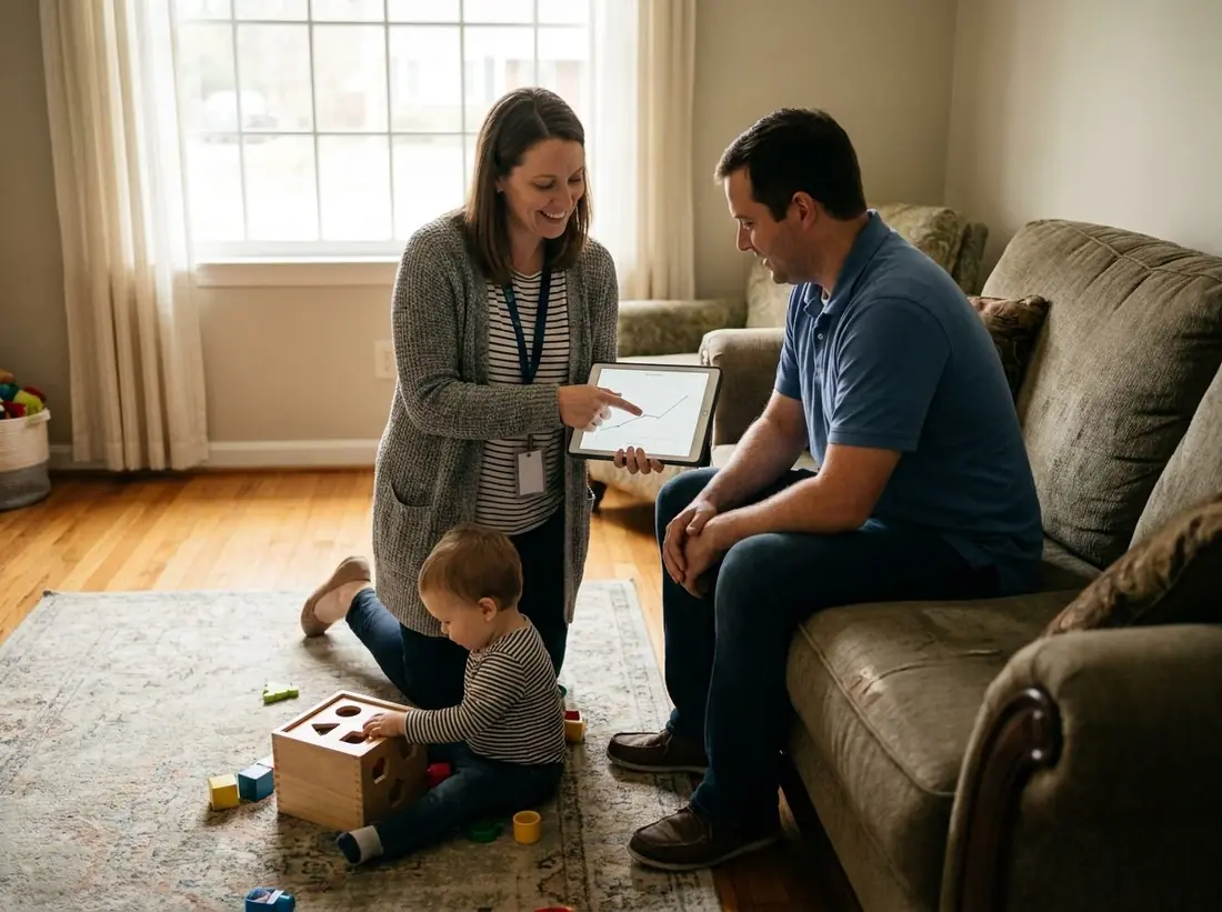 Illustration: a behavior analyst shows a father a progress chart on a tablet while his toddler plays