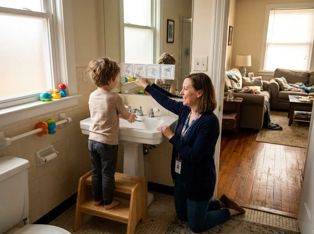 Illustration: a therapist helps a young boy follow a picture schedule for handwashing at the bathroom sink
