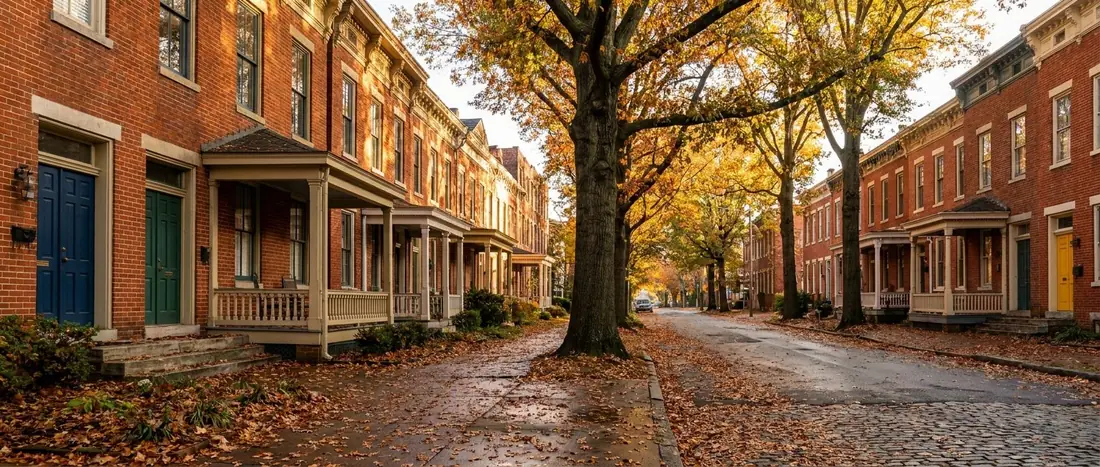 Illustration: a tree-lined street of red-brick rowhouses with porches in Richmond's Fan District