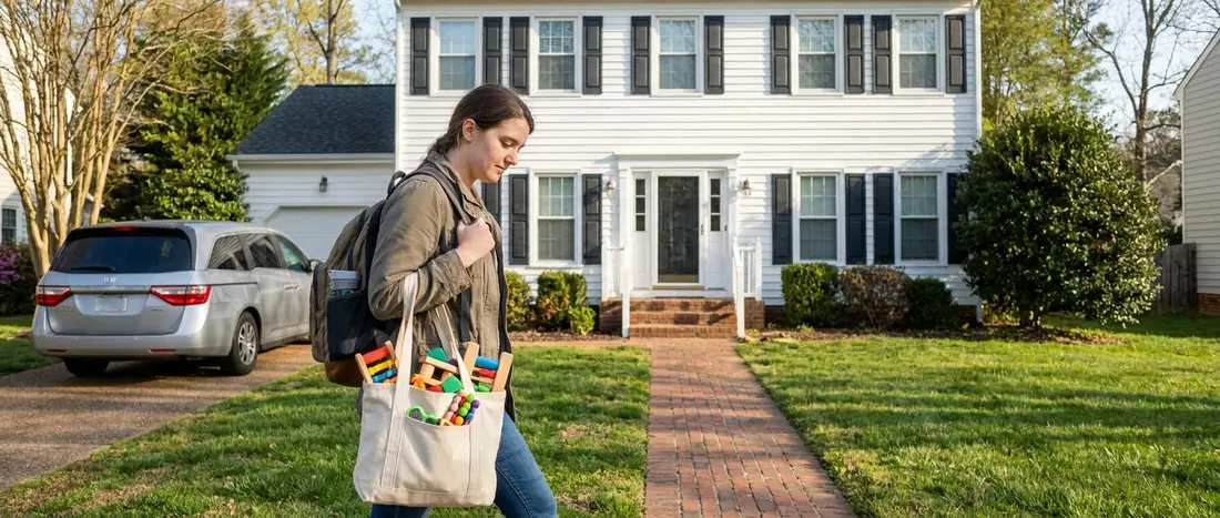Illustration: a behavior technician with a tote bag of toys walks up the path to a suburban home