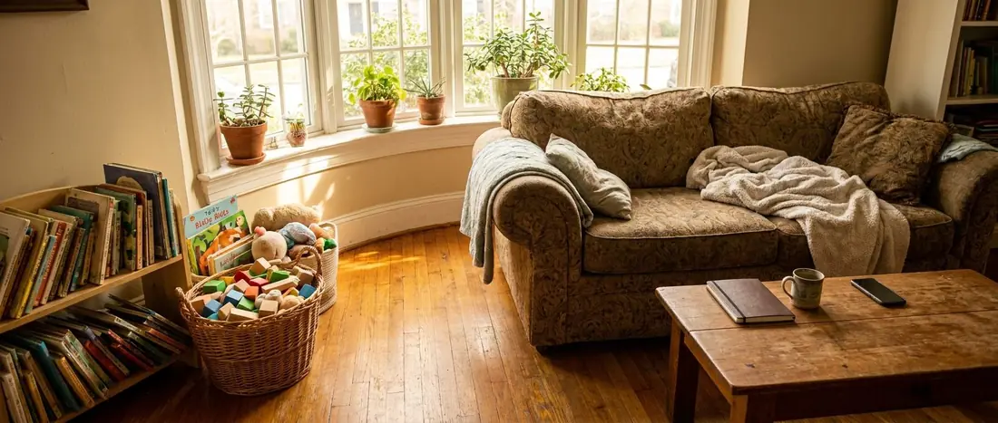 Illustration: a cosy family room with a sofa, a basket of toys and picture books by a sunny window