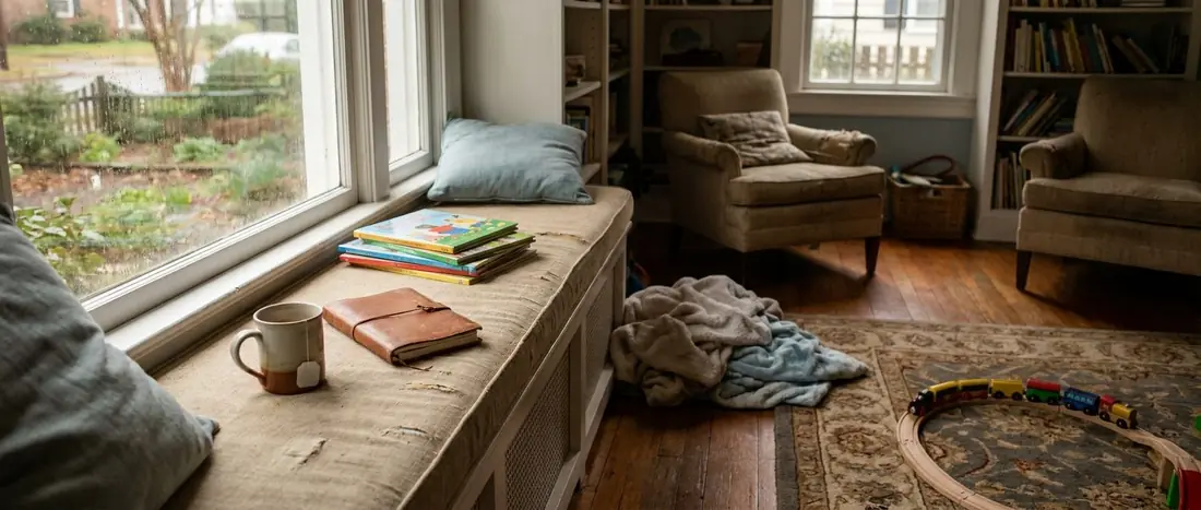 Illustration: children's picture books and a parent's notebook on a window seat beside a toy train