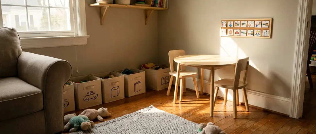 Illustration: a playroom corner with a small table, toy bins and a picture schedule on the wall