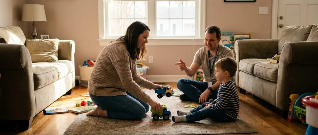 Illustration: a behavior analyst coaches a mother as she offers her son a choice between two toys